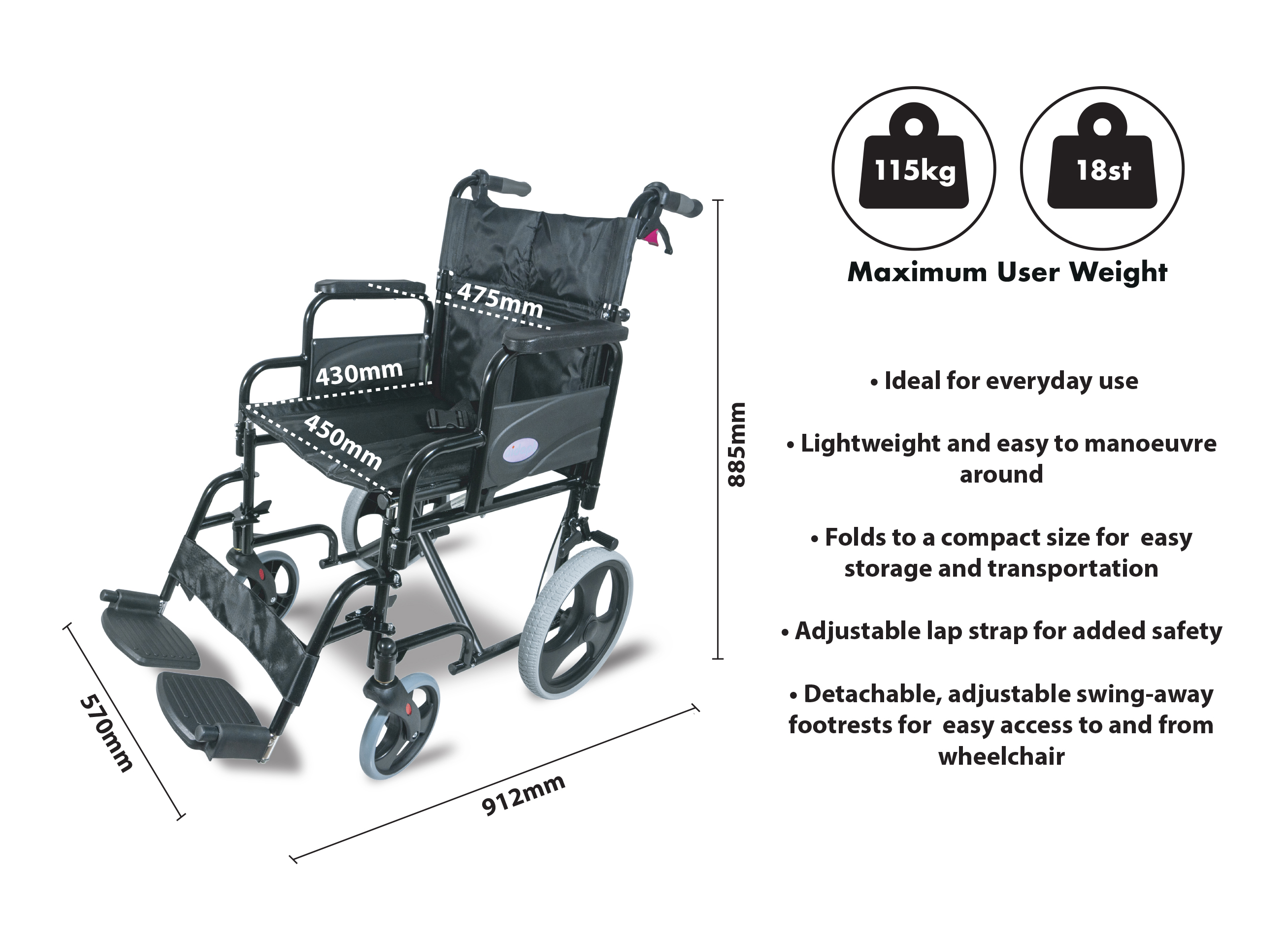 AIDAPT Deluxe Attendant Propelled Steel Wheelchair (BLACK) - Image 3