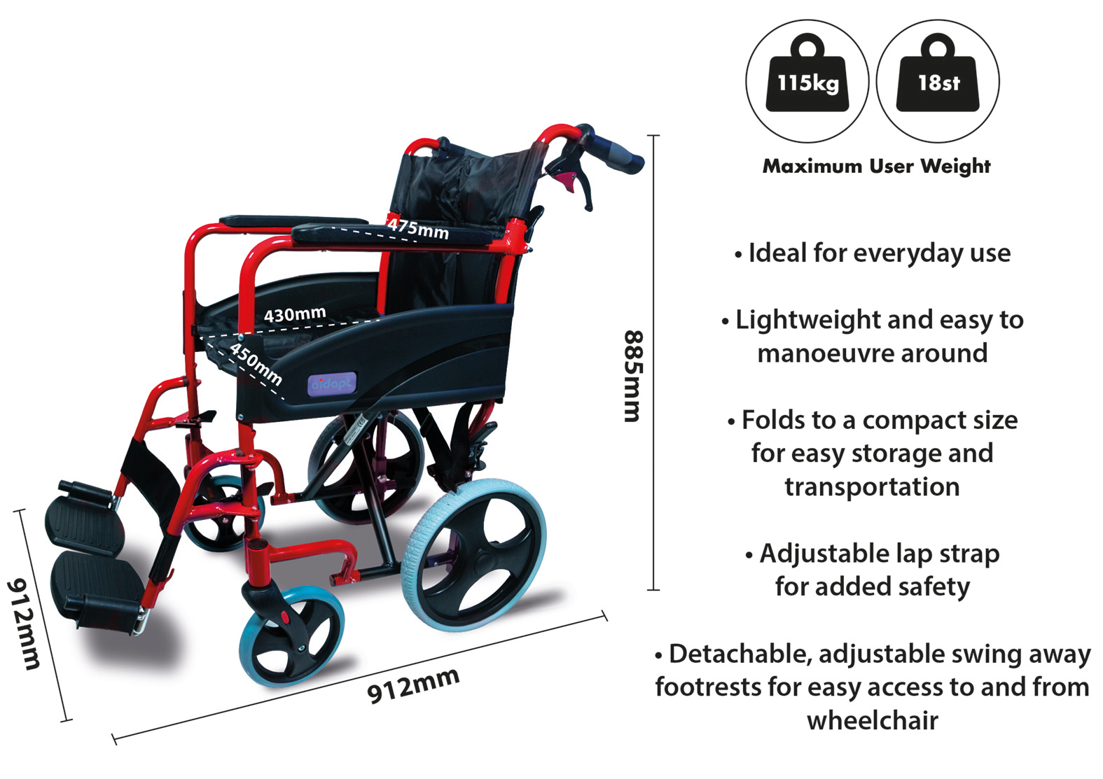 AIDAPT Compact Transport Aluminium Wheelchair (RED) - Image 2