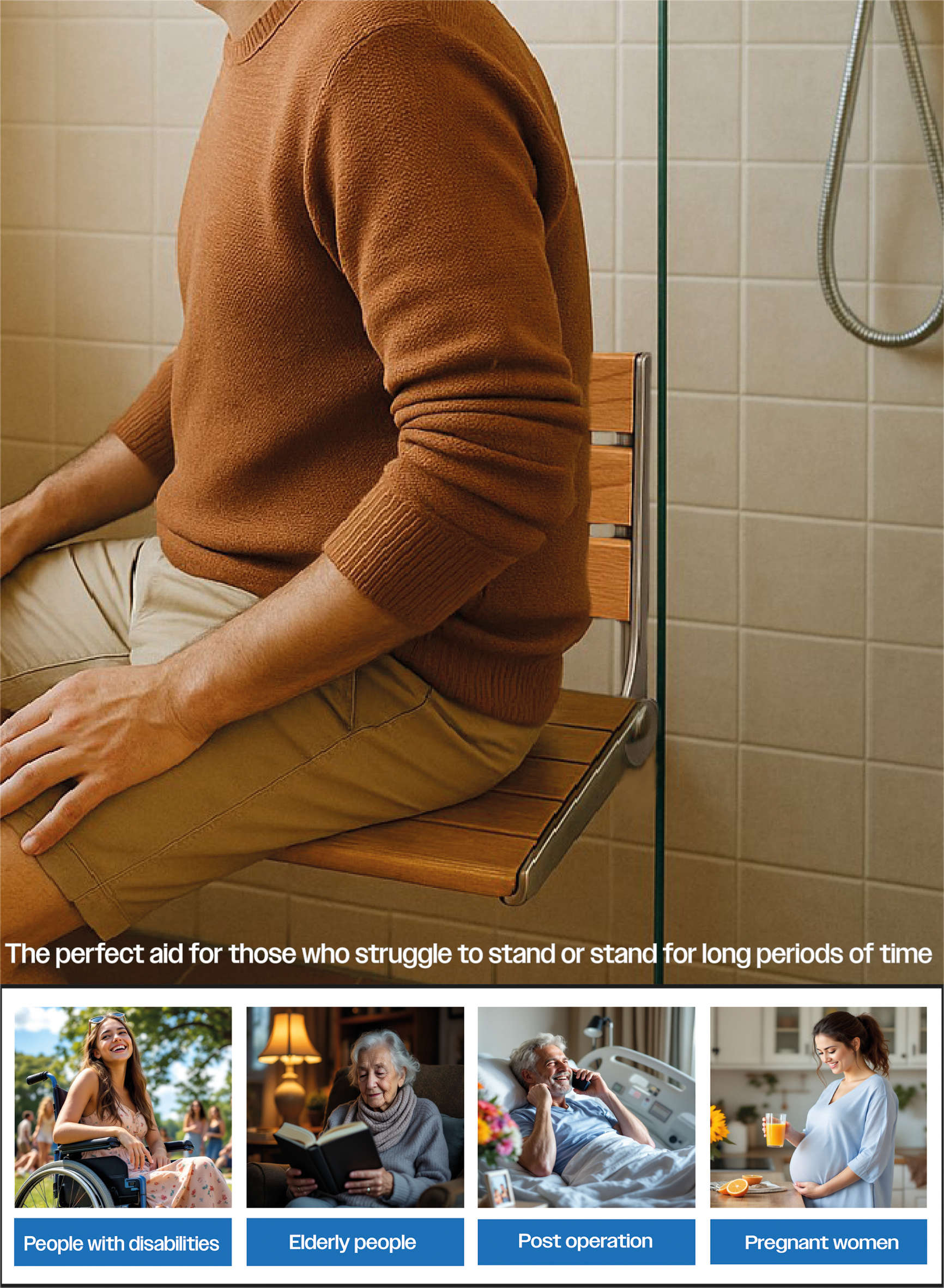 Wooden Slatted Shower Seat in Oak - Image 3