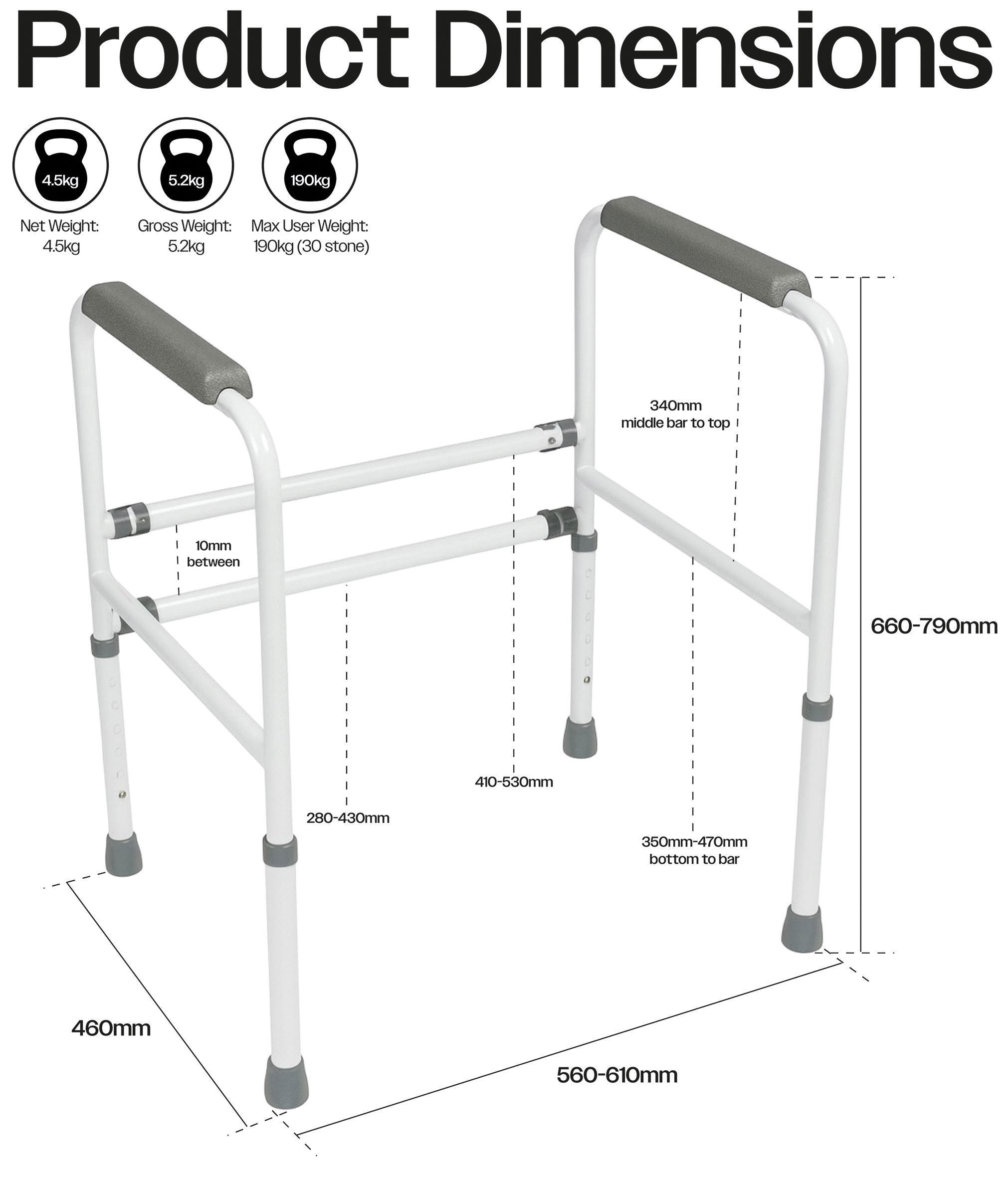Ashford Height and Width Adjustable Toilet Frame (Flat Packed) - Image 4
